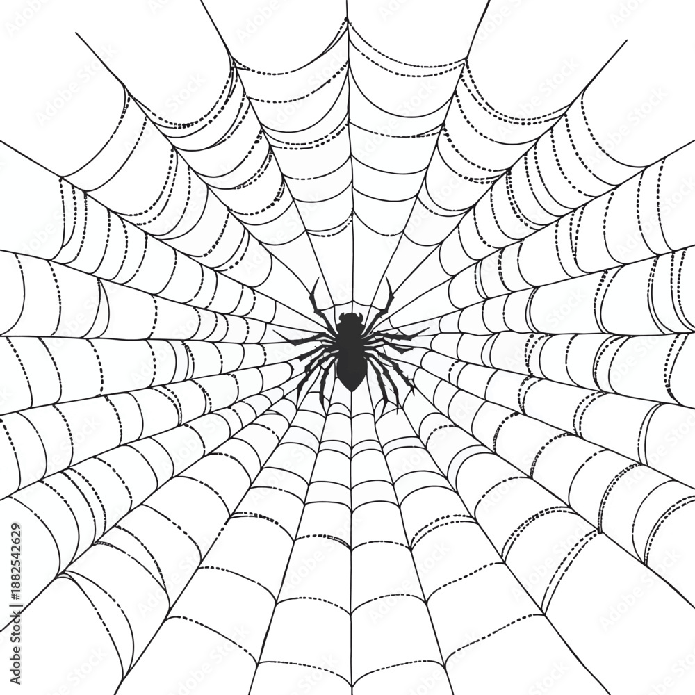 Obraz premium Minimalist black and white animation of a spider web being spun, creating a symmetrical pattern against a stark white background. , vector style simple color