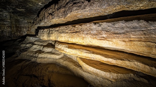Detailed view of stacked sedimentary rock layers displaying distinct colors and textures in a natural underground formation