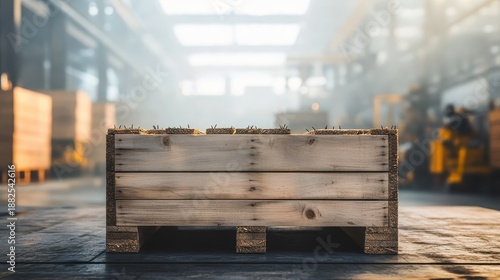 Partially assembled wooden crates with visible nails resting on pallets in an industrial setting with overhead lighting