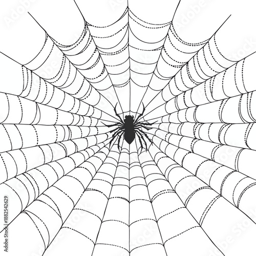 Minimalist black and white animation of a spider web being spun, creating a symmetrical pattern against a stark white background. , vector style simple color