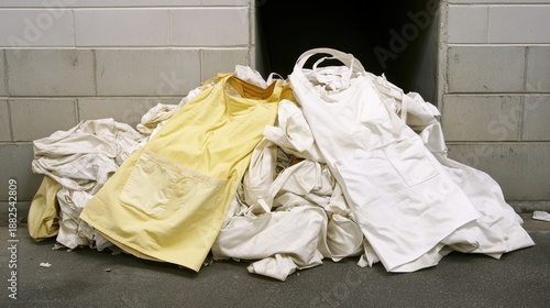 Pile of discarded medical aprons some showing signs of wear in a healthcare facility