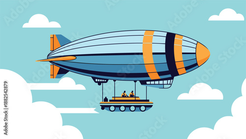 Large blue and orange blimp flies majestically through a bright sky filled with fluffy white clouds, representing classic aerial transportation.