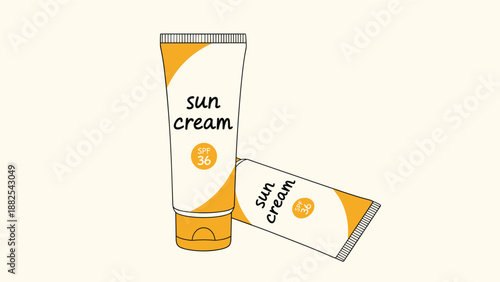 Two tubes of sun cream with high SPF 36 protection are displayed in a clean yellow and white design, essential for summer skin care routines.