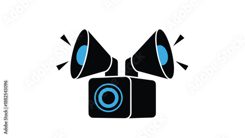 Bold black and blue megaphone icon features two loudspeakers mounted on a central base, symbolizing loud communication and public broadcast.
