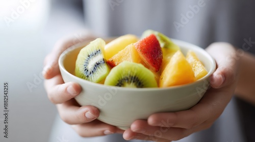 Person holding a bowl of fresh fruit slices