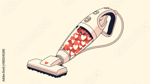 Portable handheld vacuum cleaner features a transparent dust container completely filled with many small red and white decorative heart shapes.