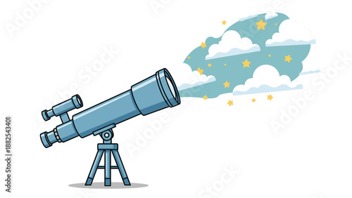 Modern blue telescope on a tripod points towards a whimsical blue cloud filled with bright yellow stars, representing astronomy and dreams.