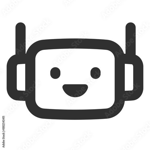 AI robot head icon with antenna. Symbol of smart technology assistant, artificial intelligence communication, and automated futuristic bots. Minimalist bold line vector for sci-fi and tech branding.