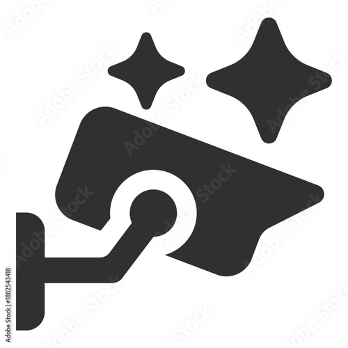 AI smart surveillance camera icon with stars. Symbol of intelligent security monitoring, automated threat detection, and artificial intelligence vision. Minimalist bold line vector for safety and secu