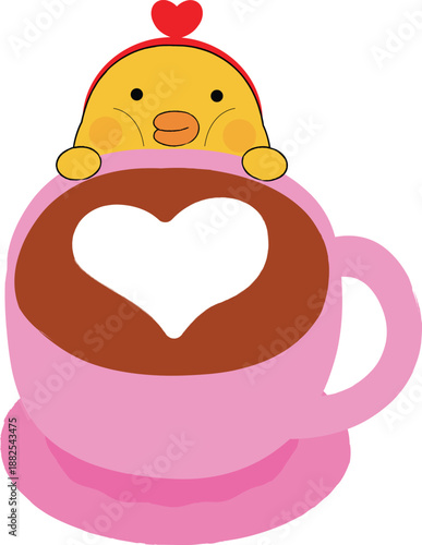 Cute Duck Character in a Heart Hot Chocolate Cup