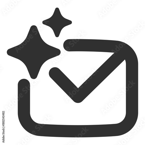 AI smart mail icon with checkmark and sparkles. Symbol of intelligent email filtering, automated inbox management, and artificial intelligence messaging. Minimalist bold line vector for communication 
