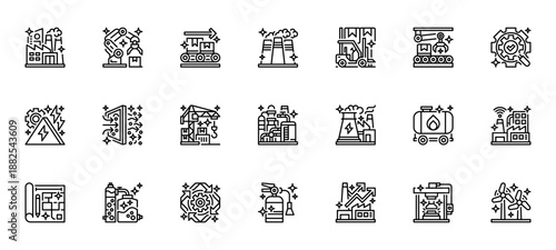 Factories icon set Line Icon, Outline Symbol for Industrial Production, Manufacturing Process, Urban Infrastructure, Factory Management, and Business Operations. Vector Sign Icon.