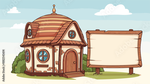 Charming round wooden house with a shingled roof stands next to a large blank wooden sign board, ideal for customizable cottage messages.