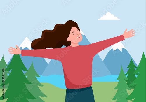 Young woman breathing fresh air enjoying beautiful scene. Female traveler smelling wilderness aroma and savoring harmony of nature vector illustration