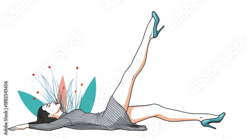 Surrealistic illustration of a woman lying down while artistic blue and red plants grow directly from her chest towards the sky.