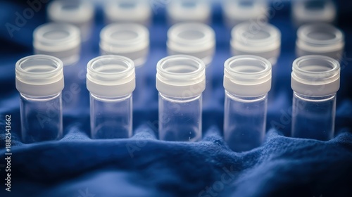 Rows of empty clear plastic vials with white screw top lids arranged in a blue laboratory tray
