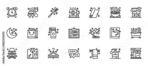 Daily Routine Icon Set Line Icon, Outline Symbol for Morning Habit, Schedule Planning, Lifestyle Activity, Task Management, and Healthy Living. Vector Sign Icon.
