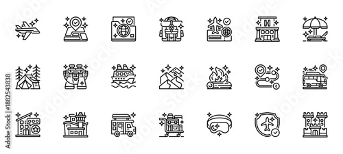 Travel icon Set Line Icon, Outline Symbol for Vacation Planning, Tourism Exploration, Global Adventure, Holiday Journey, and Transportation Booking. Vector Sign Icon.