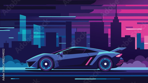 Sleek futuristic sports car speeding through a neon drenched retro wave city at night