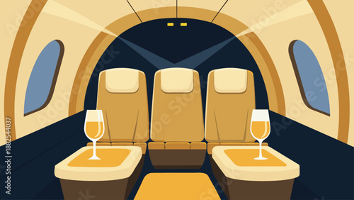 Luxurious private jet cabin interior shows empty beige seats and glasses of white wine ready for passengers.