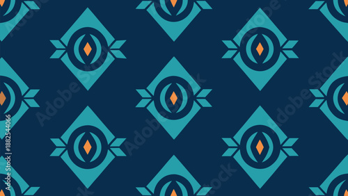 Seamless repeating pattern design featuring stylized turquoise and orange geometric tribal motifs on navy