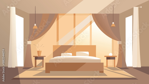 Warm sunlight streams into a minimalist modern bedroom casting long shadows across the floor