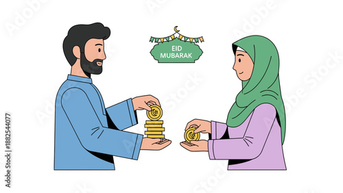 Muslim man and woman giving Zakat or Alms for Eid Mubarak.