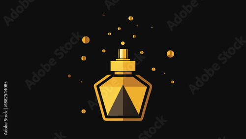 Elegant golden perfume bottle illustration with sparkling mist against a luxurious dark background