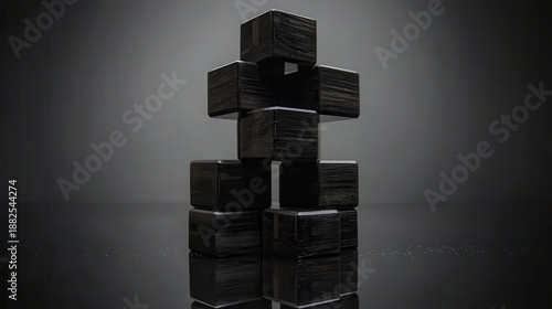 Stack of perfectly uniform polished ebony wood blocks with a dark textured surface and reflections