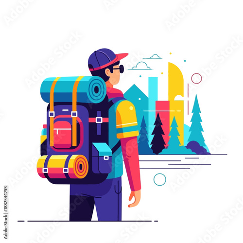 Hiker with Backpack Looking at Colorful Abstract Cityscape and Forest