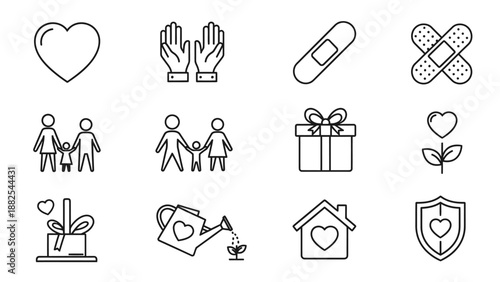 Charity, family, and healthcare line icon set.