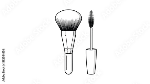 Black and white line art illustration of a fluffy cosmetic powder brush and a mascara wand for beauty and makeup applications.