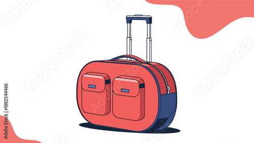 Stylish red and blue oval-shaped rolling travel bag with multiple pockets and an extendable handle on a white background.