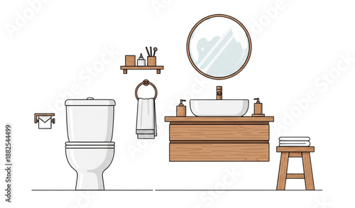 Stylish modern bathroom vector with ceramic toilet sink and wooden furniture