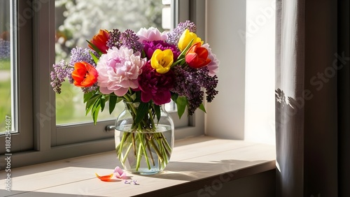 Colorful bouquet in vase on windowsill