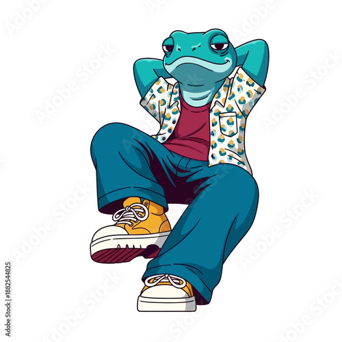 Cool anthropomorphic frog character relaxing with hands behind head, wearing casual clothes