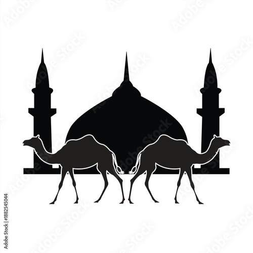 Ramadan mosque silhouette vector with camels, Islamic festival black illustration
