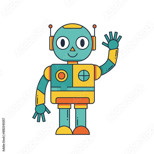 Friendly cartoon robot waving hello, cute character design with teal, yellow, and orange colors.