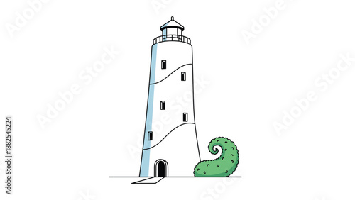 White lighthouse structure standing next to a giant green sea monster tentacle emerging from the ground or ocean floor.
