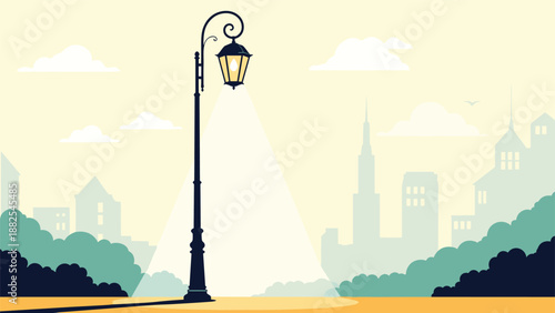 Elegant old-fashioned street lamp casting a warm glow on a park path with a city skyline silhouette in the background.