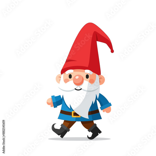 Cute cartoon gnome walking with red hat and blue tunic