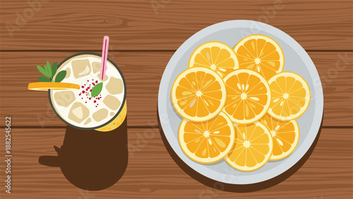 Refreshing summer scene featuring a glass of iced juice with mint and a plate of fresh orange slices on a wood table.
