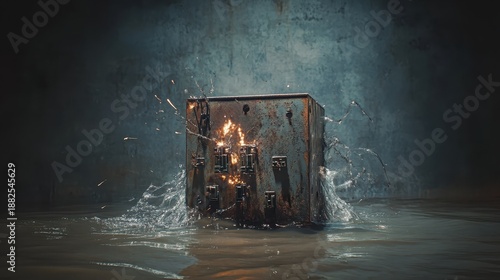 Submerged electrical junction box sparking erratically with fire and water spray