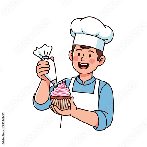 Baker Decorating Cupcake with Pink Frosting using Piping Bag