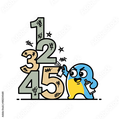 Cute cartoon bird character spray painting numbers 1 to 5 with graffiti style