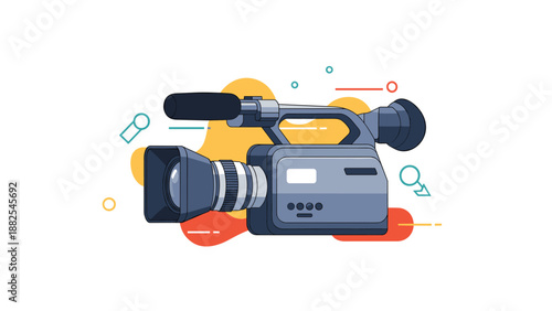 Professional digital video camera equipment with lens and microphone set against a colorful abstract geometric backdrop.