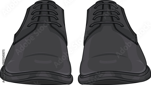 Front view vector illustration of a pair of men's black leather formal shoes. Classic business footwear with laces isolated on white background. Standing position concept.