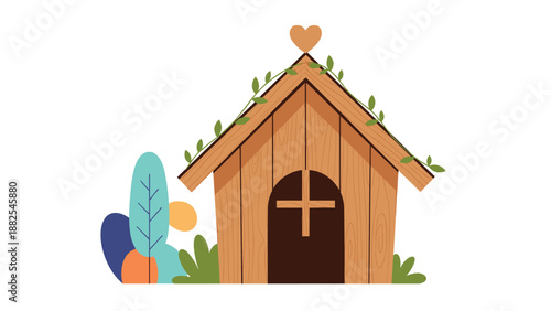 Small wooden church or chapel with a cross on the door and a heart on the roof set in a colorful garden landscape scene.