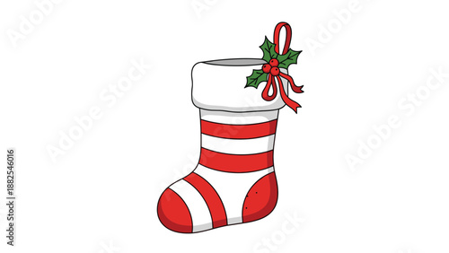 Christmas stocking with red and white stripes and holly leaves decoration for holiday celebration isolated on white background.
