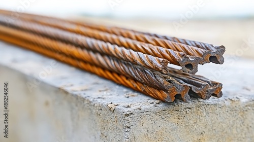 Twisted rusted rebar protruding from rough concrete construction material